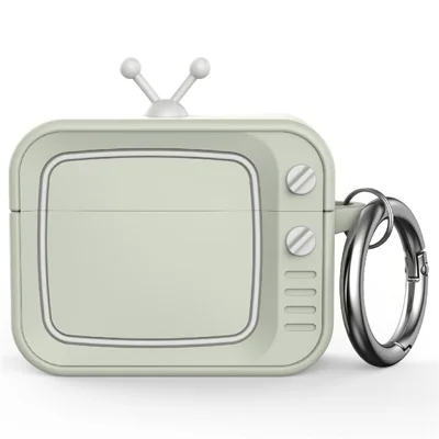 For AirPods Pro 2 Silicone Case Retro TV Design Shockproof Earbuds Cover with Carabiner - White