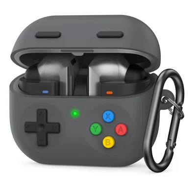 AHASTYLE PT-DD11 For Samsung Galaxy Buds3 Pro Silicone Case Game Console Design Split Protective Cover with Carabiner / Strap - Dark Grey