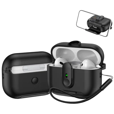 For Apple AirPods Pro 2 Protective Case Switch Lock Earbuds Cover with Stand and Lanyard - Black