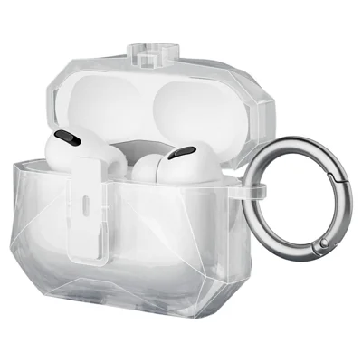 For AirPods Pro 2 Case Auto Pop-Up Lock Design TPU Protective Cover with Carabiner - Transparent