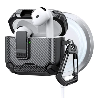 For AirPods 4 Case Canbon Fiber Texture Compatible with MagSafe TPU PC Earbuds Cover with Carabiner - Black
