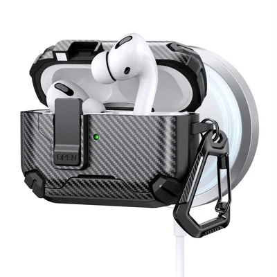 For AirPods Pro 2 Case Canbon Fiber Texture Compatible with MagSafe TPU PC Earbuds Cover with Carabiner - Black