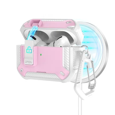 For Apple AirPods Pro Case Compatible with MagSafe TPU PC Earbuds Cover with Carabiner  /  Stand - White  /  Pink