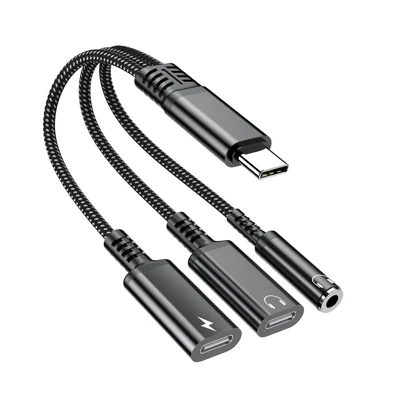 60W Type-C to 3.5mm + Type-C Headphone + Type-C PD Fast Charging Adapter 3 in 1 Audio Converter - Black