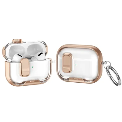 For AirPods Pro 2 Case TPU PC Earbuds Protective Cover with Switch  /  Stand  /  Carrying Hook - Gold