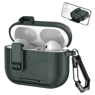 For AirPods Pro 3 Protective Case with Stand Litchi Texture TPU + PC Earphone Cover with Lock and Carabiner - Army Green