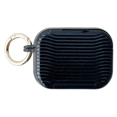 For AirPods Pro 3 Case Wave Pattern PC TUP UV Coating Earbuds Cover with Stand / Makeup Mirror - Black