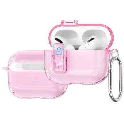 For AirPods Pro 3 Earphone Case Safety Lock Transparent TPU + PC Earbud Protective Case with Carabiner - Transparent Pink / Glitter