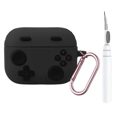Чехол из силикона для AirPods Pro 3 в стиле ретро-игровой консоли с чистящей ручкой / карабином - темно-серый