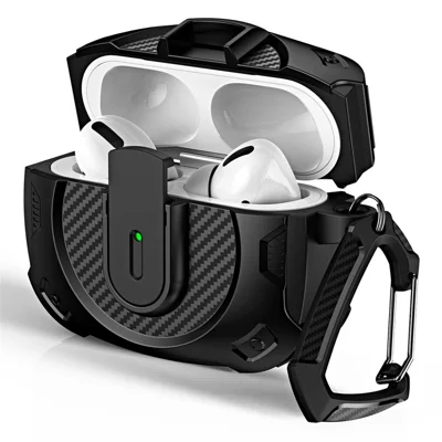 COTECI For AirPods 5 / 4 Battle Armor Case Carbon Fiber PC + TPU Earphone Cover with Carabiner - Black