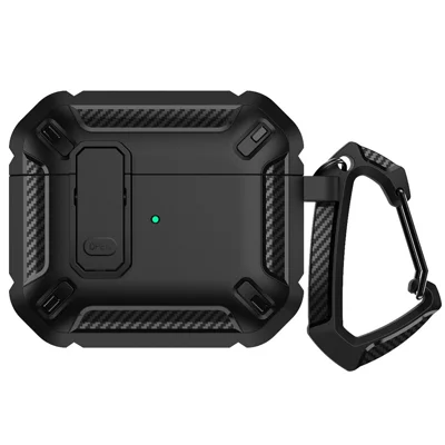 COTECI For AirPods 5 / 4 Earbud Case Carbon Fiber PC + TPU Earphone Cover with Carabiner - Black