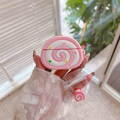 For Apple AirPods Pro 2 / AirPods Pro Earphone Cover Pink Swiss Roll Shape PVC Protective Case with Pendant