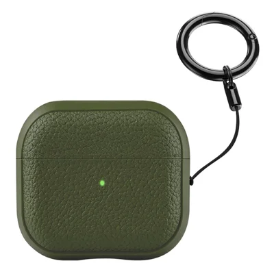 Bulk Purchasing For AirPods 5 / 4 Case Faux Leather Textured TPU Earbuds Protective Cover with Strap Ring - Army Green