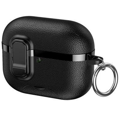 For AirPods Pro Case Foldable Stand Electroplated Litchi Texture TPU PC Earbuds Cover with Switch  /  Carabiner - Black