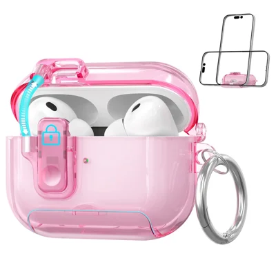 AHASTYLE WG191-Pro 3 For AirPods Pro 3 Case TPU Protective Cover with Phone Stand  /  Safety Lock  /  Hanging Clip - Transparent Pink