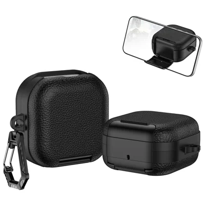 For Samsung Galaxy Buds4 / Buds4 Pro Protective Case with Stand Litchi Texture TPU + PC Earphone Cover with Lock and Carabiner - Black
