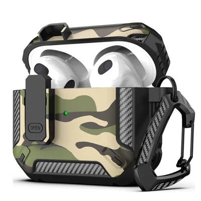 For AirPods 5 / 4 Earphones Case Contrast Color Shockproof TPU Earbuds Cover with Carabiner - Camouflage Green