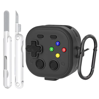 For Samsung Galaxy Buds4  /  Buds4 Pro Case with Hanging Buckle  /  Cleaning Pen, Gaming Controller Style TPU + PC Earphone Cover - Black