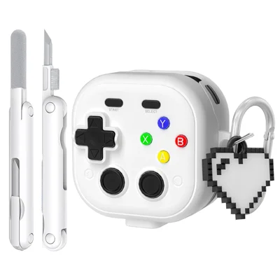 For Samsung Galaxy Buds4  /  Buds4 Pro Case with Hanging Buckle  /  Cleaning Pen  /  Heart Pendant, Gaming Controller Style TPU + PC Earphone Cover - White