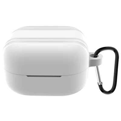 For Samsung Galaxy Buds4 / Buds4 Pro Striped Design Silicone Case Anti-drop Protective Cover with Carabiner - White