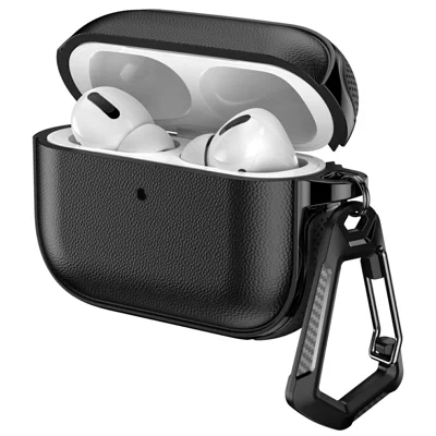 Für AirPods Pro 2 / AirPods Pro Hülle, Zweiteiliges Design, Leder-Optik, TPU-Ohrhörer-Schutzhülle mit Metall-Karabiner – Schwarz