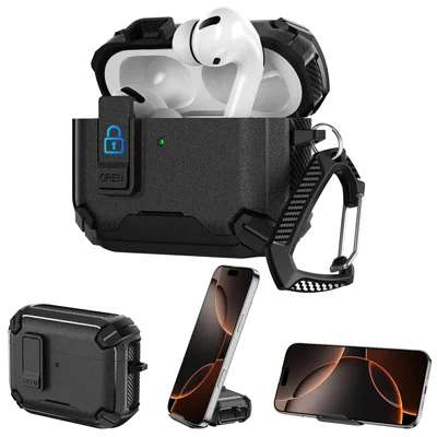 For AirPods Pro 3 Earphone Case Phone Stand TPU + PC Shockproof Cover with Carabiner - Black