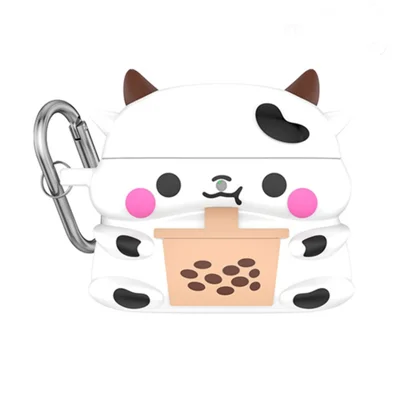 For AirPods Pro 3 Silicone Case Cartoon Milk Tea Cow Design Earphone Protective Cover with Hook - White