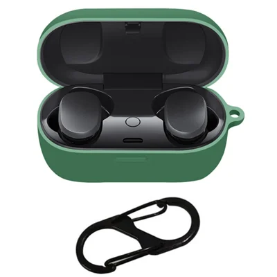Silicone Case for Bose QuietComfort Earbuds Anti-slip Shockproof Washable Protective Cover with Carabiner Hook - Dark Green