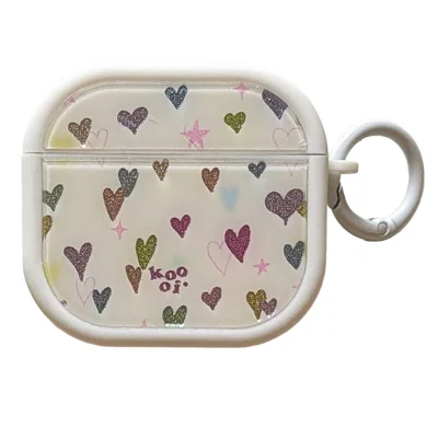 Colorful Heart Case for AirPods 3 Glitter TPU Earbuds Protective Cover with Carabiner Clip - White