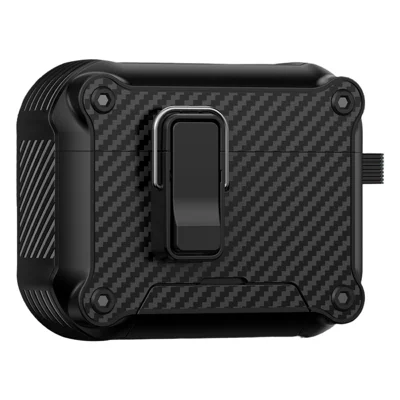Für AirPods Pro 3 Hülle, kohlefaseroptik, Ständer, TPU + PC, magnetisch, Schutzhülle mit Karabinerhaken - Schwarz