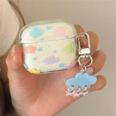 Transparente Hülle für AirPods Pro 3 mit Wolken- und Sternemuster aus IMD+TPU, Schutzhülle mit Schlüsselanhänger und Karabiner