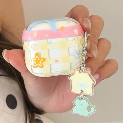 Чехол для AirPods 3 желтый с узором из сетки и звезд, защитная крышка из ТПУ с подвеской и пряжкой