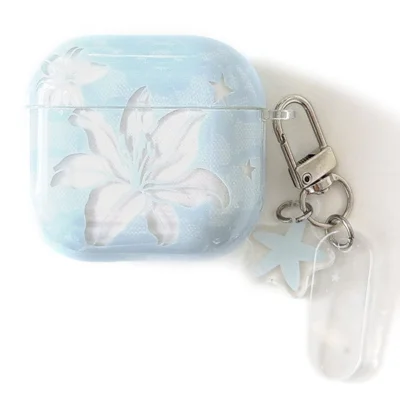 Hülle für AirPods Pro / Pro 2 mit Lilien-Blumenmuster, TPU-Schutzhülle mit Karabinerclip und Stern-Anhänger