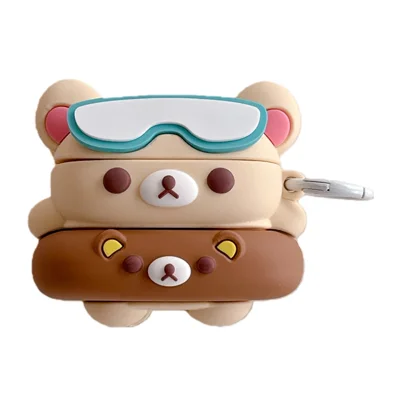 For AirPods Pro 3 Silicone Case Cartoon Swimming Ring Bear Earphone Protective Cover with Carabiner