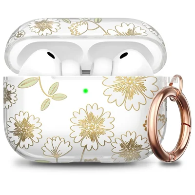 AHASTYLE WE40 pour AirPods Pro 3 - Étui transparent imprimé motif, TPU résistant aux chocs avec mousqueton - Fleurs laquées