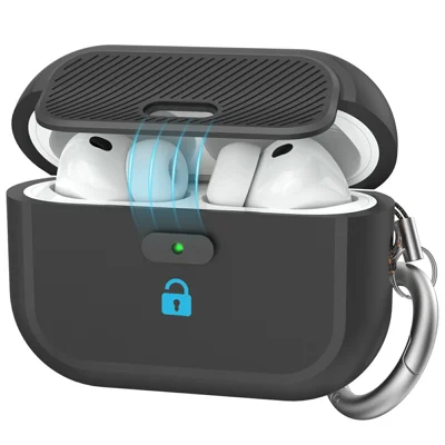 AHASTYLE JY26 لجهاز AirPods Pro 3 غطاء سيليكون آمن بتصميم قطعة واحدة مع قفل واقٍ ومشبك معدني - أسود