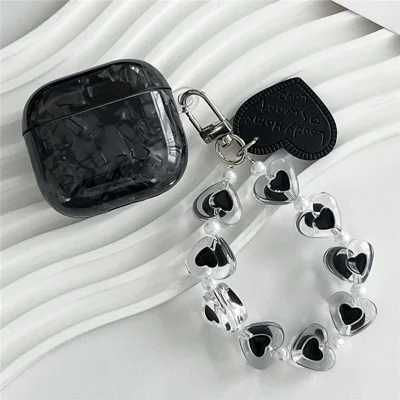 For AirPods 5 / 4 Protective Case Black Shell Texture TPU Earphone Cover with Heart Beaded Wrist Strap Chain