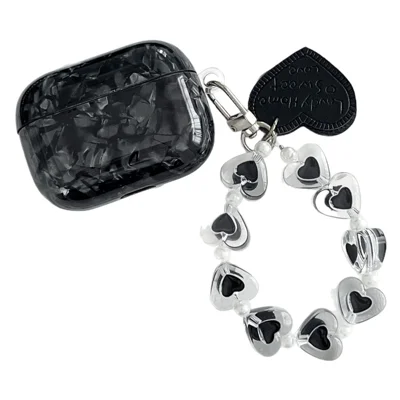 Custodia protettiva per AirPods Pro con texture nera a grana di shell, cover in TPU per auricolari con catenella portachiavi a forma di cuore