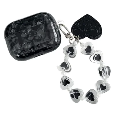 Étui de protection pour AirPods Pro 2, texture noire en coque TPU, housse pour écouteurs avec chaîne perlée en forme de cœur et bracelet