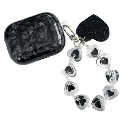 For AirPods Pro 3 Protective Case Black Shell Texture TPU Earphone Cover with Heart Beaded Wrist Strap Chain