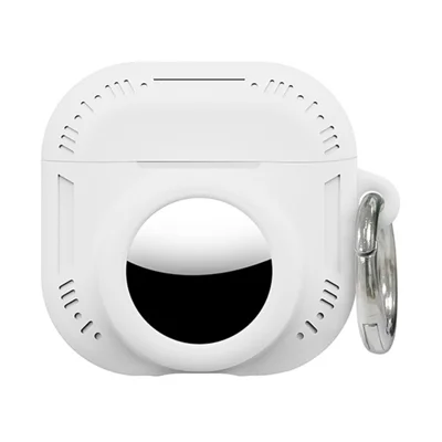 2 i 1 silikonebeskyttelsesdækk til AirPods 4 / AirTag mod fald med tabssikker karabinkrog - Hvid