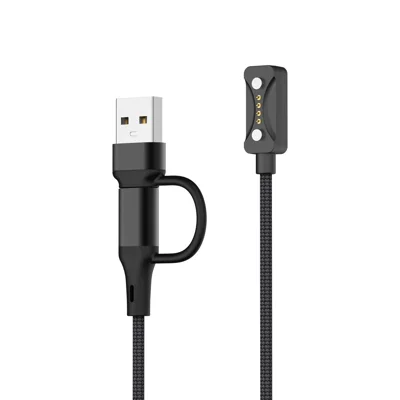 1m USB-A/Type-C 2 in 1 Charging Cable for Polar Pacer/Pacer Pro/Vantage V3/Vantage M3 4-Pin Magnetic Connector Nylon Braided Wire - Black