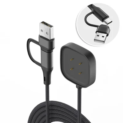 Câble de chargement magnétique tressé en nylon 1,2 m 2 en 1 USB-A + Type-C pour Fitbit Versa 4/Versa 3/Sense 2/Sense - Noir