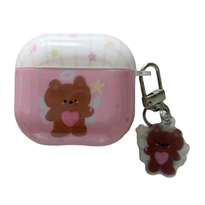 Custodia Protettiva per AirPods Pro / Pro 2 con Motivo Cartone Animato Orsetto Marrone, Cover per Cuffie in TPU con Portachiavi con Gancio + Pendente