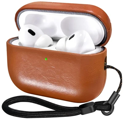 AHASTYLE BO09-YS for AirPods Pro 3 Case Oil-Waxed Genuine Cow Leather Earphone Cover with Lanyard - Brownish Red