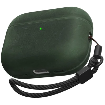 AHASTYLE BO09 for AirPods Pro 3 Case Crazy Horse Texture Genuine Cow Leather Earphone Cover with Lanyard - Midnight Green