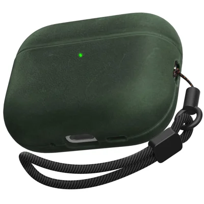 AHASTYLE BO09-P2 for AirPods Pro 2 Case Crazy Horse Texture Genuine Cow Leather Shockproof Cover with Detachable Lanyard - Midnight Green