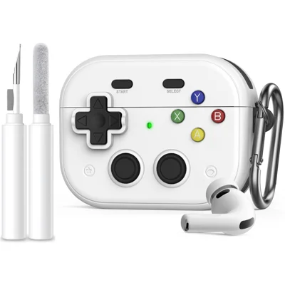 AHASTYLE WG185 For AirPods Pro 3 Silicone Case Game Console-Style Secure Lock Earphone Cover with Metal Carabiner and Cleaning Pen - White