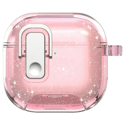 لـ AirPods 5 / 4 غطاء واقي بزر قفل وحامل هاتف من مادة TPU + PC مقاوم للصدمات مع مشبك علوي - وردي شفاف لامع