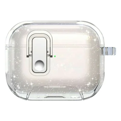 Funda para AirPods Pro 3 con botón de bloqueo, soporte de teléfono, carcasa antichoque de TPU + PC con mosquetón - Blanco transparente con brillo